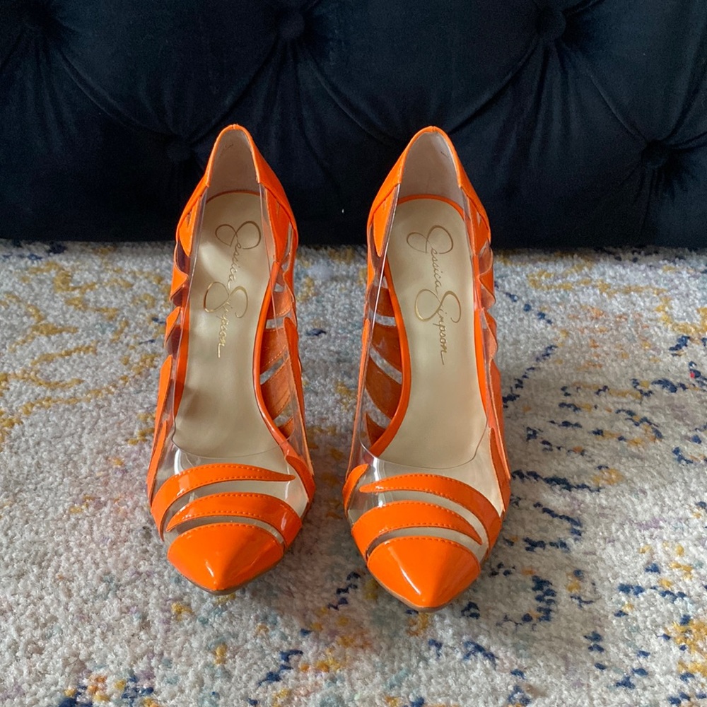 Hot Ass Orange Zebra Striped Semi Transparent Jessica Simpson Pumps size 9.5
